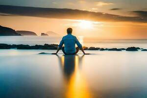 uomo seduta nel meditazione posa su rocce a il spiaggia. ai-generato foto