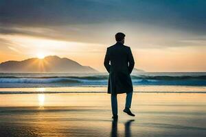 un' uomo nel un' completo da uomo sta su il spiaggia a tramonto. ai-generato foto