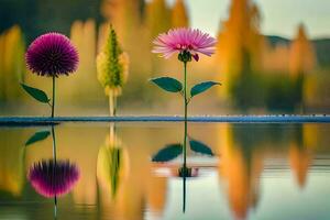 tre fiori siamo riflessa nel il acqua. ai-generato foto