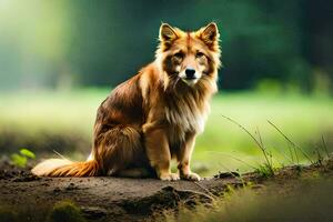 un' cane seduta su un' roccia nel il foresta. ai-generato foto