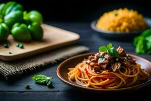 spaghetti con carne e verdure su un' di legno tavolo. ai-generato foto