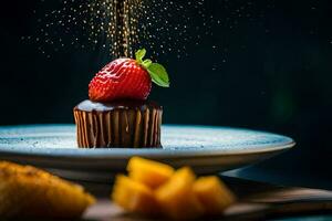 un' cioccolato Cupcake con fragole e un' spruzzatina di zucchero. ai-generato foto