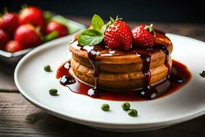 un' pila di Pancakes con fragole su superiore. ai-generato foto