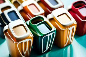 un' riga di colorato vasi con diverso colori. ai-generato foto