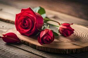 rosso Rose su un' di legno tavolo. ai-generato foto