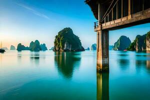 il Visualizza a partire dal il ponte al di sopra di il acqua nel halong baia. ai-generato foto