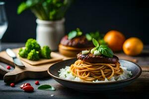 spaghetti con carne e verdure su un' piatto. ai-generato foto