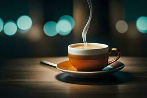 un' tazza di caffè su un' di legno tavolo. ai-generato foto