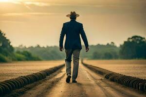 un' uomo nel un' completo da uomo e cappello passeggiate giù un' sporco strada. ai-generato foto