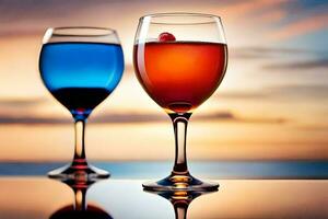 Due bicchieri di vino con un' tramonto nel il sfondo. ai-generato foto