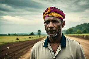 un' uomo indossare un' colorato turbante sta nel un' sporco strada. ai-generato foto