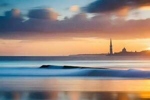 un' tramonto al di sopra di il oceano con un' faro nel il sfondo. ai-generato foto