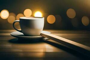 un' tazza di caffè e un' di legno bastone su un' di legno tavolo. ai-generato foto