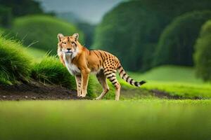 un' tigre in piedi nel il erba su un' verde campo. ai-generato foto