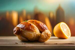 un' pollo con Limone su un' di legno tavolo. ai-generato foto