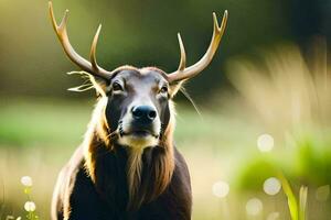 un' cervo con grande corna in piedi nel un' campo. ai-generato foto