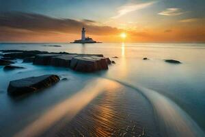 un' faro nel il oceano a tramonto. ai-generato foto