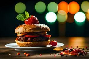 un' Hamburger con un' fragola su superiore. ai-generato foto