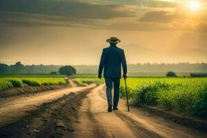 un' uomo nel un' completo da uomo passeggiate giù un' sporco strada. ai-generato foto