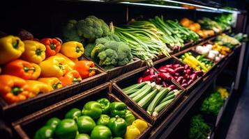 diverso varietà di fresco verdure nel Locale mercati, super negozi. ai generato foto