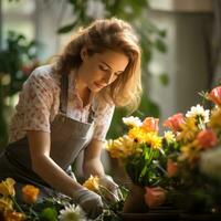 un' gioioso giardiniere tendente per sua fiori nel sua giardinaggio guanti e grembiule foto