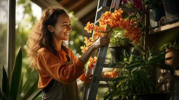 appassionato giardiniere nel azione un' giovane donna con un' luminosa Sorridi foto