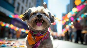 shih tzu con un' giocoso ciuffo, seduta su un' colorato coperta foto