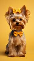 yorkshire terrier con un' elegante e moderno cucciolo tagliare su foto