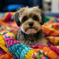 shih tzu con un' giocoso ciuffo, seduta su un' colorato coperta foto