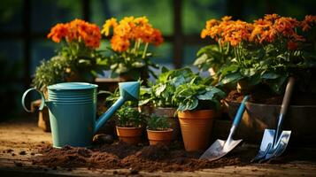 giardinaggio - impostato di utensili per giardiniere e vasi di fiori avvicinamento foto