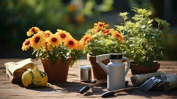 giardinaggio - impostato di utensili per giardiniere e vasi di fiori avvicinamento foto