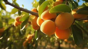 premio frutta Prodotto un' avvicinamento di maturo albicocche su il albero ai generato foto