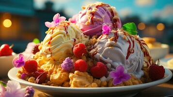 estate indulgenza un' colorato e delizioso ghiaccio crema coppa di gelato guarnita ai generato foto