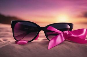 rosa Seno cancro consapevolezza nastro con occhiali da sole. Immagine generato Immagine. foto