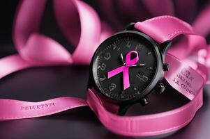 Seno cancro rosa nastro su nero orologio Immagine generato di ai. foto