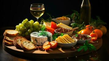 cibo e bevanda accoppiamento perfezione un' culinario arte di vino e formaggio ai generato foto