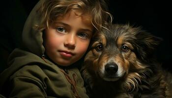 un' carino cane e bambino sorridente, un' di razza amicizia ritratto generato di ai foto