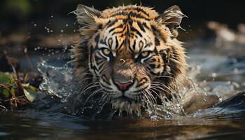 maestoso tigre fissando, riflettendo suo bellezza nel natura tranquillo natura selvaggia generato di ai foto