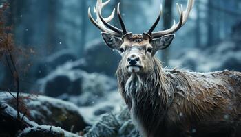 un' maestoso cervo sguardi, circondato di nevoso natura selvaggia e tranquillo natura generato di ai foto