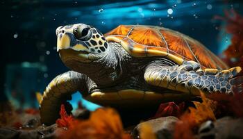 un' carino tartaruga nuoto nel il blu subacqueo Paradiso generato di ai foto