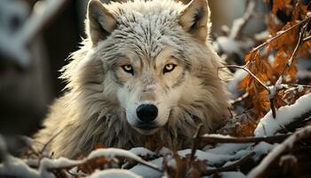 maestoso grigio lupo nel nevoso foresta, occhi focalizzata su preda generato di ai foto