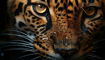 maestoso felino fissando, vicino su, a strisce bellezza nel natura, gattopardo ritratto generato di ai foto