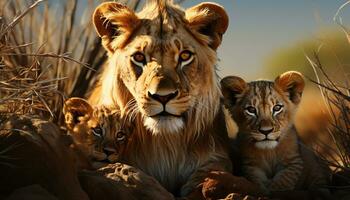 maestoso leonessa e sua carino cuccioli nascondere nel africano natura selvaggia generato di ai foto