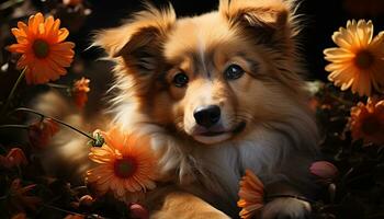 carino cucciolo seduta nel erba, guardare a giallo fiore generato di ai foto