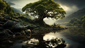 tranquillo scena natura bellezza riflessa nel acqua, montagne, e cielo generato di ai foto