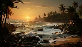 tramonto al di sopra di il tropicale costa, onde Crashing su il sabbioso spiaggia generato di ai foto