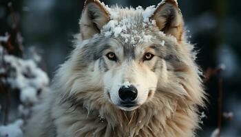 un' carino cucciolo seduta nel il neve, guardare a telecamera generato di ai foto