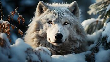 carino cucciolo seduta nel il neve, guardare a il telecamera generato di ai foto