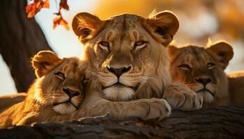 maestoso leonessa, feroce cacciatore, riposo nel tranquillo savana tramonto generato di ai foto