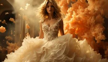 bellissimo moda modello trasuda eleganza e fascino nel nozze vestito generato di ai foto